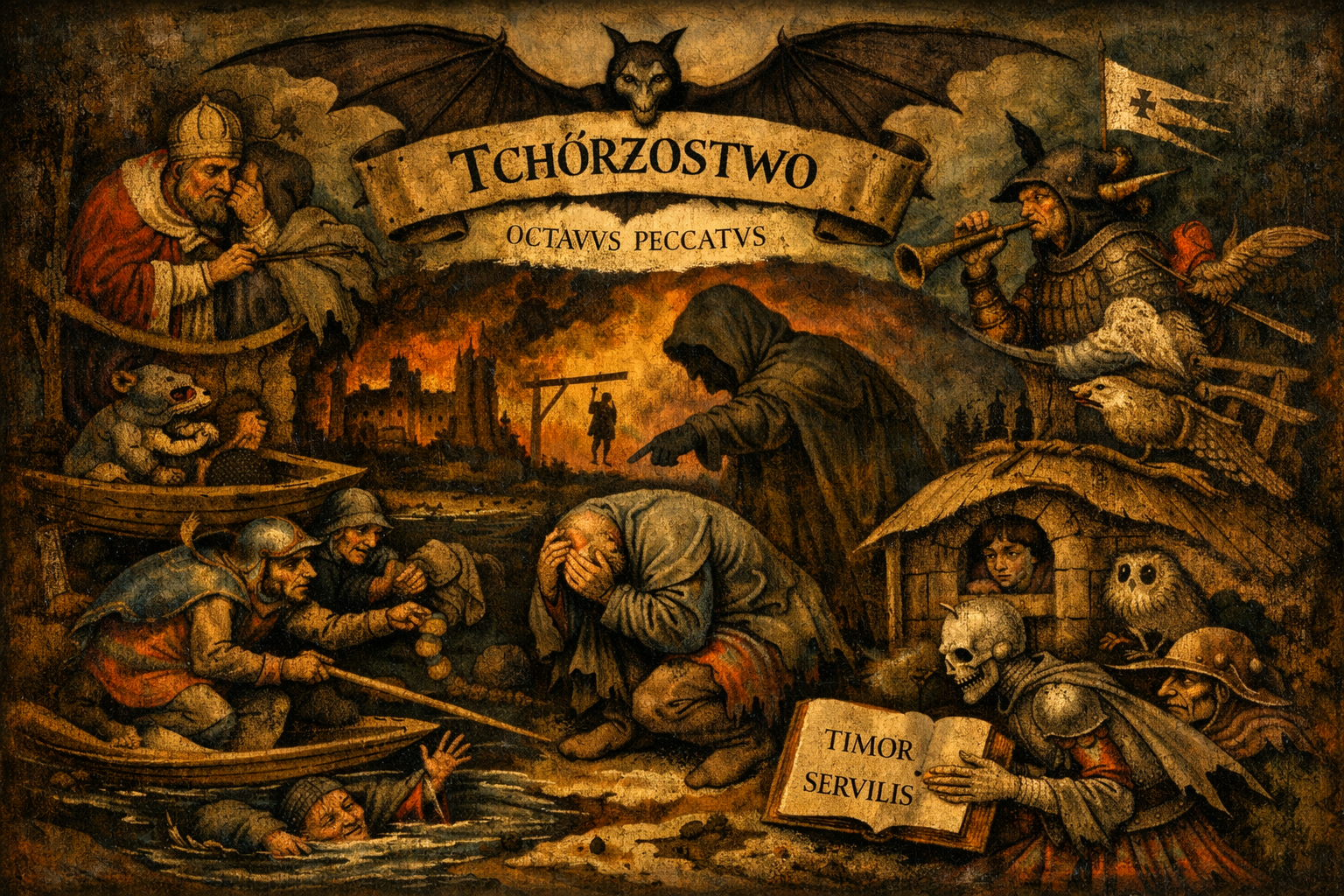 A horizontal, Bosch-inspired allegorical painting depicting “Tchórzostwo” as the eighth sin: a trembling hooded man crouches at the center while grotesque medieval figures, a skeletal judge, and symbolic scenes of punishment and silence surround him under a dark, fiery sky.