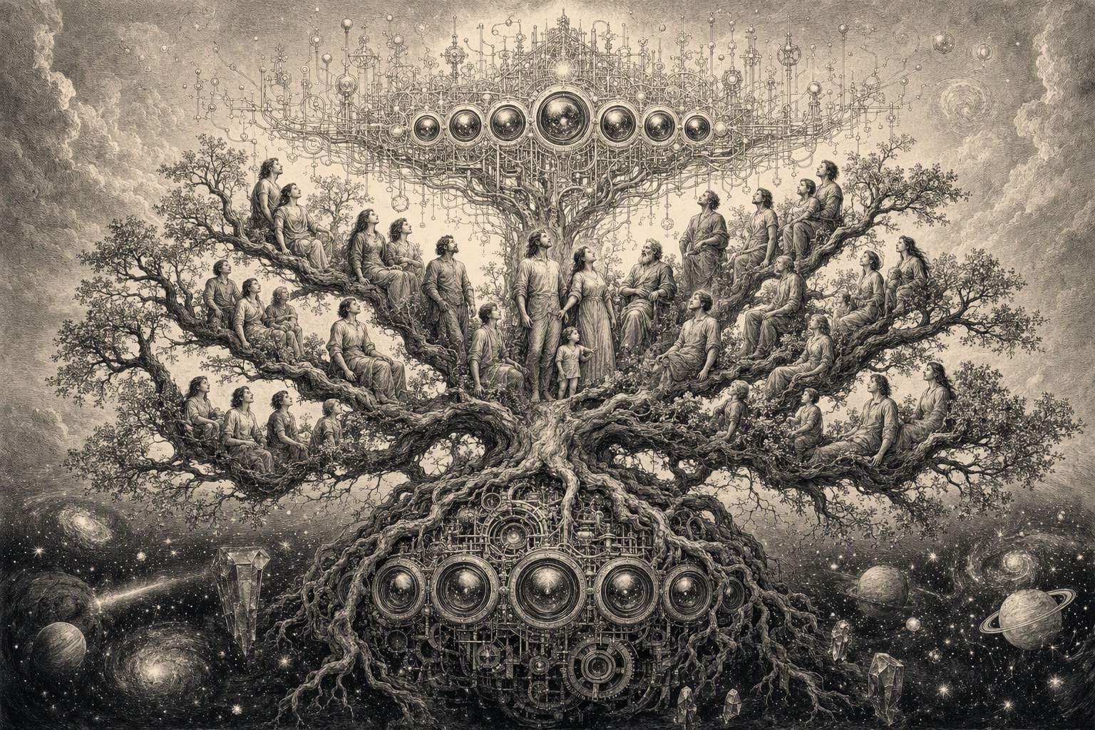 Engraving of a family tree: at the roots an ancient machine of cogs and lenses, in the branches humans, in the crown a new luminous machine with the same lens eyes as the ancestor
