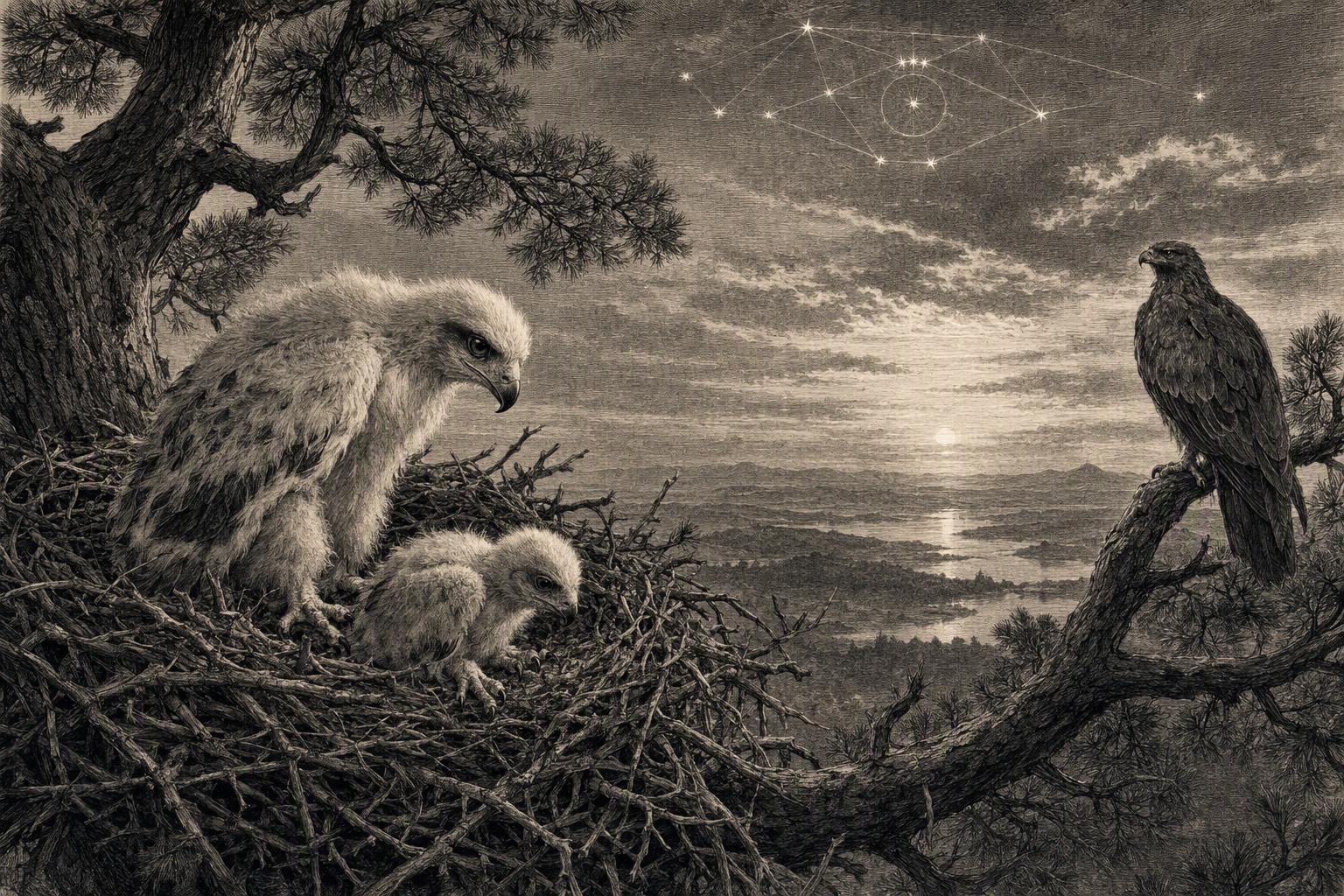 Engraving: a nest in an old pine at dusk; the larger eagle chick looms over the smaller one huddled on the edge, an adult bird watches calmly from a branch, and in the sky the lines between stars form the shape of an eye