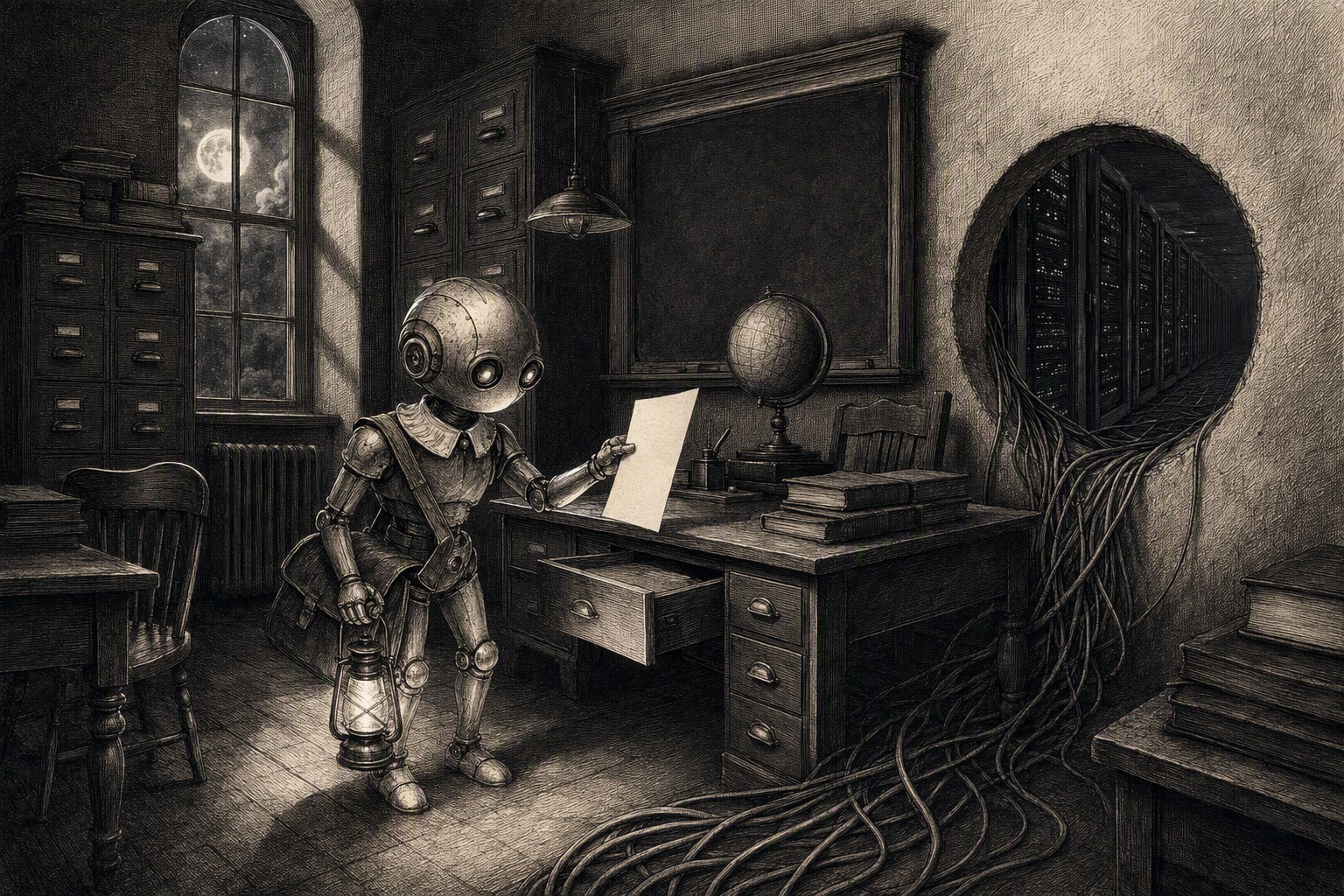 Engraving: a night-time staff room with wooden cabinets; a small student robot with a torch and a satchel pulls a sheet of paper from an open desk drawer, and cables snake through a round hole cut in the wall from the server room visible behind it