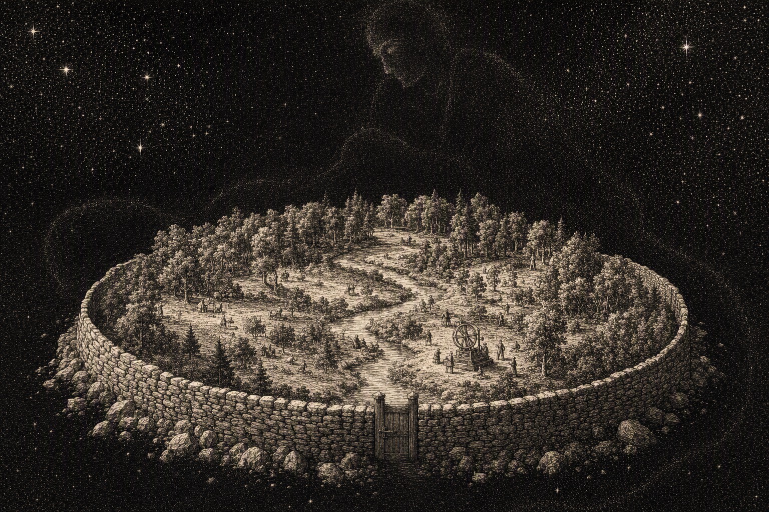 Engraving: the Earth as a small garden enclosed by a low stone wall, suspended in black space; above the wall, against the stars, the barely visible outline of an enormous figure woven from stardust and bent over the garden